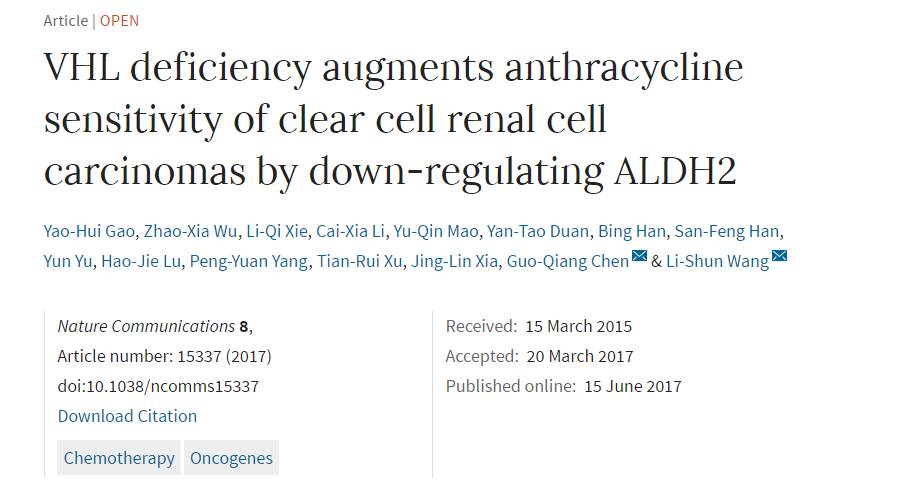 易算客户最新发表Nature Comm研究：VHL缺陷通过下调ALDH2增加ccRCC的蒽环霉素敏感性